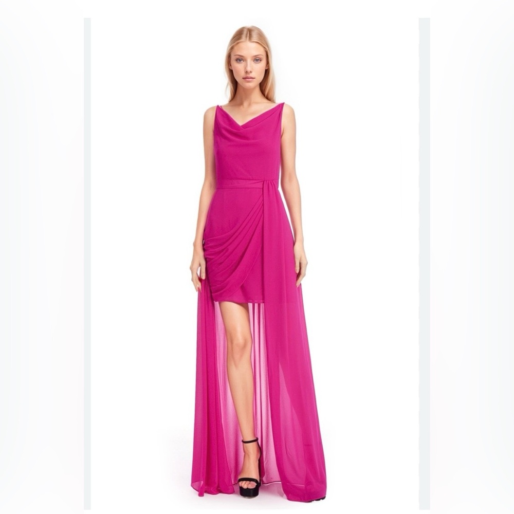 Jewel Badgley Mischka Sleeveless Cowl Neck
Dress with High-Low Overlay Fuchsia